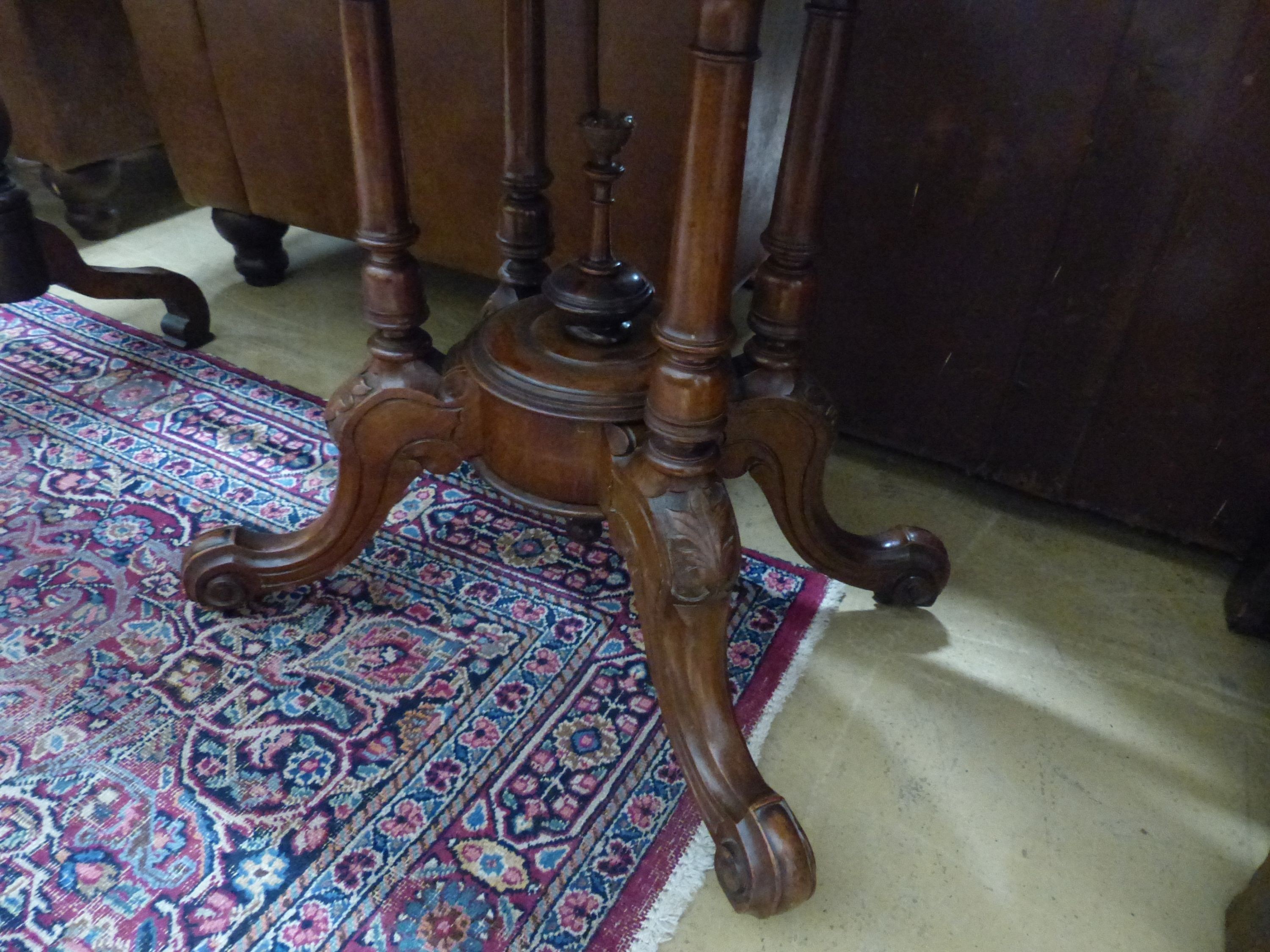 A late Victorian burr walnut oval centre table, W.100cm D.55cm H.68cm